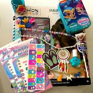 16pc Kids gift Bundle- jewelry, nail polish, hair chalk, nail stickers, puzzle
